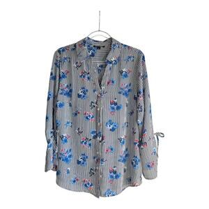 Roz & Ali Womens L Blouse Button Down Bell Sleeves Striped Floral Collared Blue
